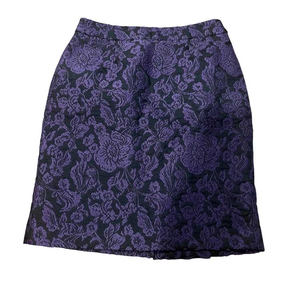 Talbots Petites Purple Black Floral Brocade‎ Wool Blend Pencil Skirt 2P Jacquard
